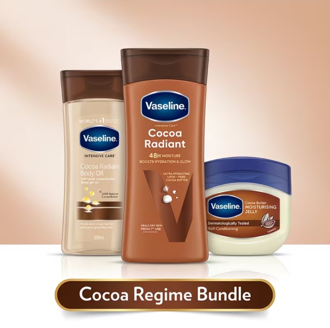 Vaseline Cocoa Butter Bundle - Body Lotion 200ml, Body Oi 200ml & Moisturisina Jelly 100ml Set